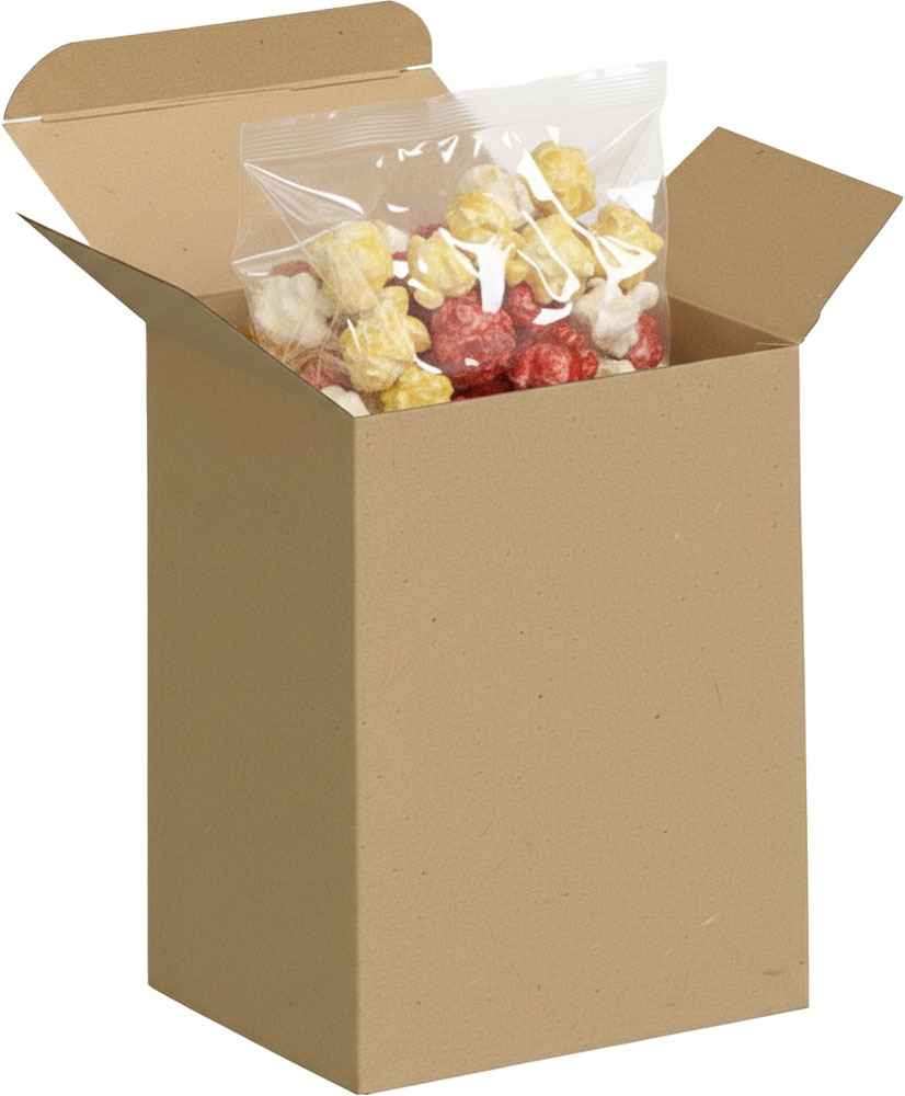 Bag of Popcorn inside of a 3 x 2 1/2 x 4 Kraft Reverse Tuck Folding Cartons