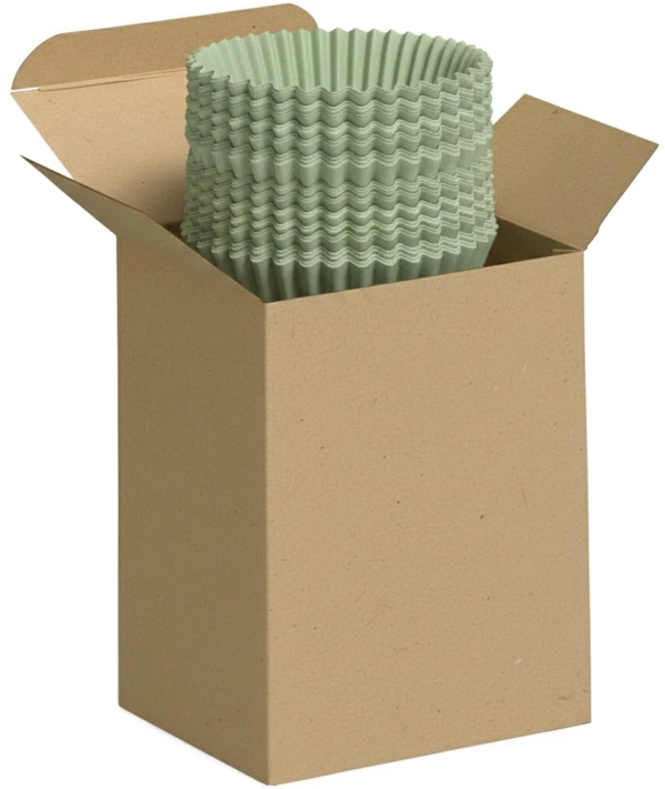 3 x 2 1/2 x 4 Kraft Reverse Tuck Folding Carton with Cupcake Liners Cupckae Liners in a 3 x 2 1/2 x 4 Kraft Reverse Tuck Folding Cartons