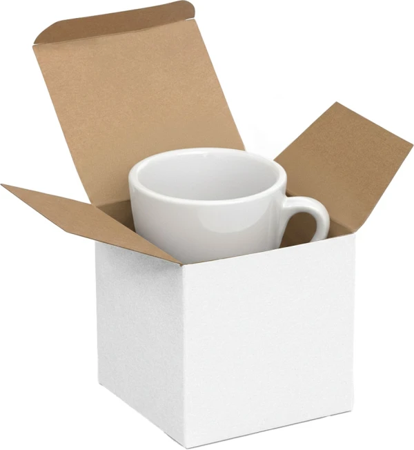 3 x 3 x 3 White Reverse Tuck Folding Carton with a Espresso Cup Espresso Cup in a White Reverse Tuck Folding Mailers - 3 x 3 x 3