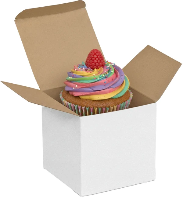 3 x 3 x 3 White Reverse Tuck Folding Carton with a Gourmet Cupcake Gourmet Cupcake in a White Reverse Tuck Folding Mailers - 3 x 3 x 3