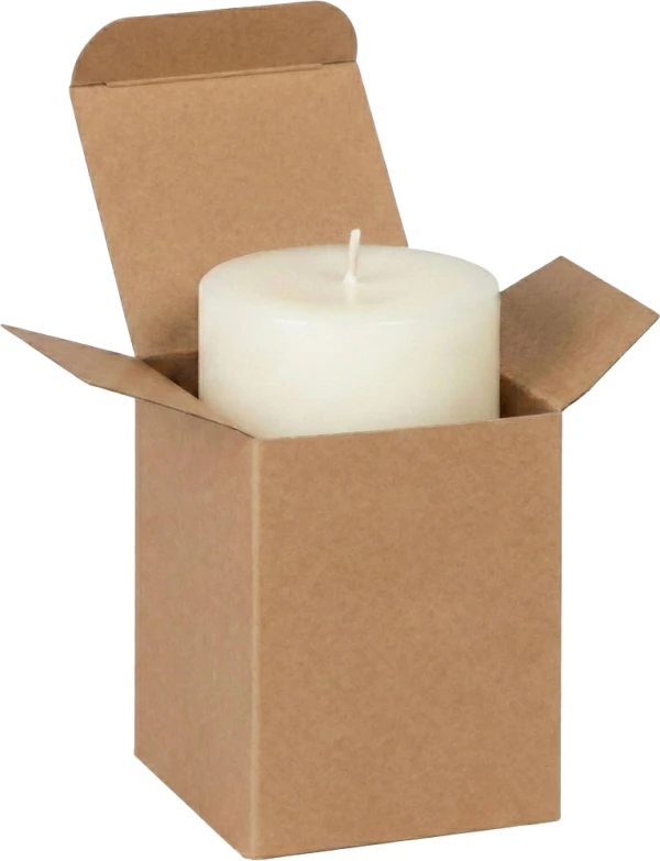 3 x 3 x 4 Kraft Reverse Tuck Folding Carton with a Pillar Candle Pilolar Candle in a 3 x 3 x 4 Kraft Reverse Tuck Folding Cartons