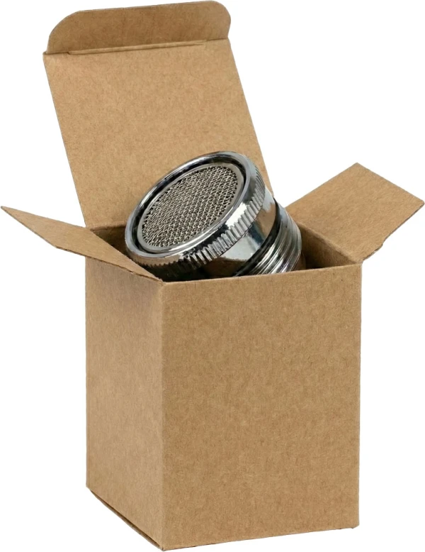 3 x 3 x 4 Kraft Reverse Tuck Folding Carton with Plumbing Hardware Plumving Hardware inside of a 3 x 3 x 4 Kraft Reverse Tuck Folding Cartons