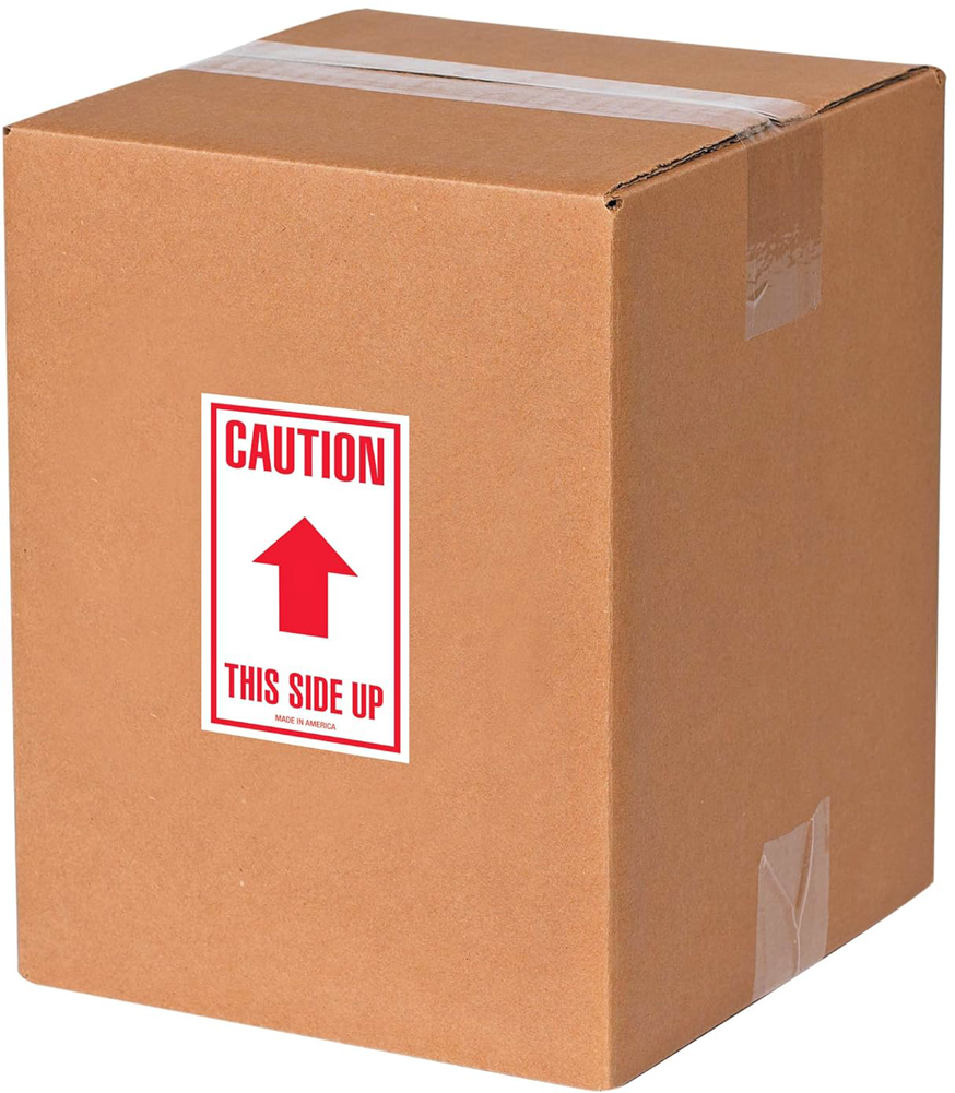 Red Text Caution This Side Up on a white label stock background on Box
