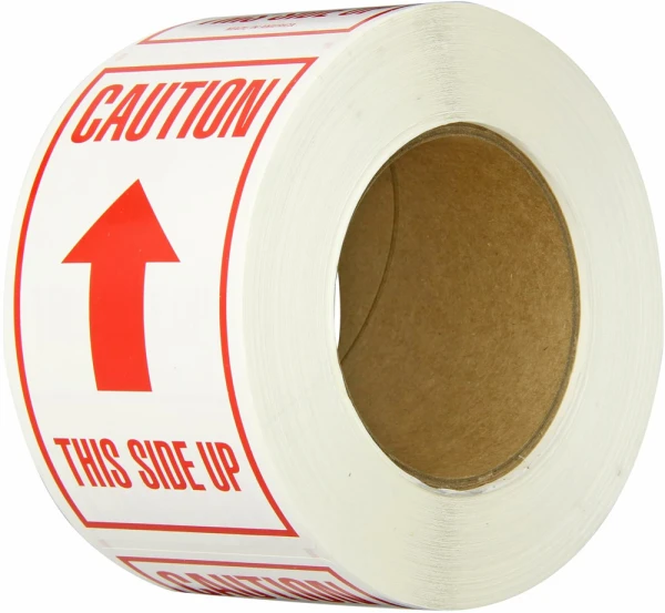 3 x 5 CAUTION THIS SIDE UP Fragile Labels on Roll Roll of Red Text Caution This Side Up on a white label stock background