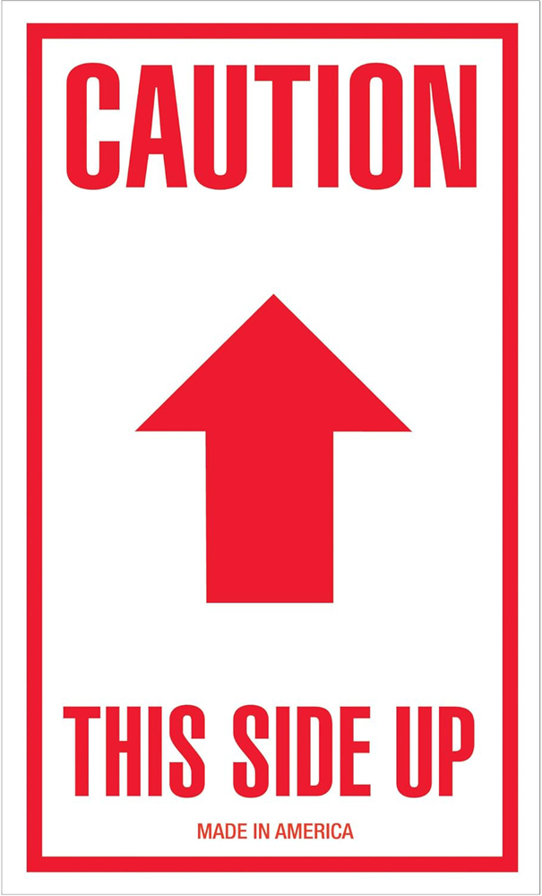 Red Text Caution This Side Up on a white label stock background