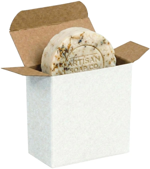3 5/16 x 1 1/2 x 3 5/16 White Reverse Tuck Folding Carton with Artisian Soap Bar Artisian Soap Bar in a White Reverse Tuck Folding Mailers - 3 5/16 x 1 1/2 x 3 5/16