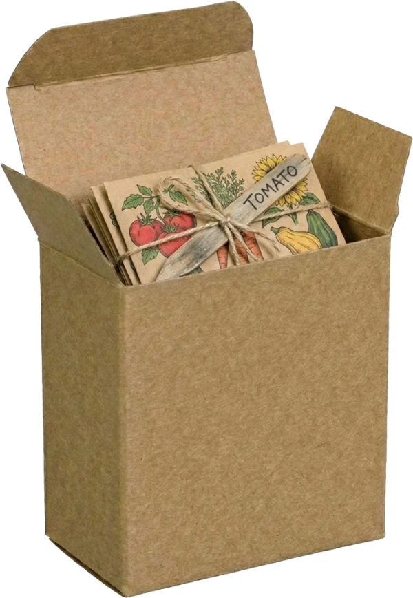3 1/2 x 1 1/4 x 3 1/2 Kraft Reverse Tuck Folding Carton with Bundled Packets of Heirloom Seeds Bundled Packets of Heirloom Seeds in a 3 1/2 x 1 1/4 x 3 1/2 Kraft Reverse Tuck Folding Carton
