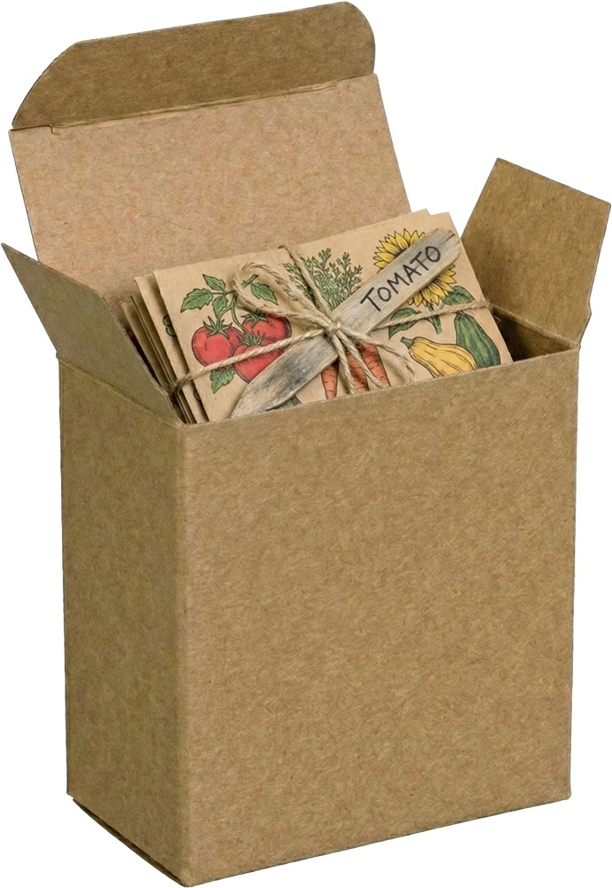 Bundled Packets of Heirloom Seeds in a 3 1/2 x 1 1/4 x 3 1/2 Kraft Reverse Tuck Folding Carton