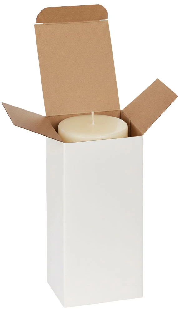 3 x 3 x 6 White Reverse Tuck Folding Carton with Pillar Candle Pillar Candle in a White Reverse Tuck Folding Mailers - 3 x 3 x 6