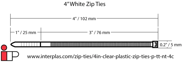 4 inch Zip Tie Dimensions 4 inch Nylon Clear Zip Ties - 18 pound tensile strength dimensions