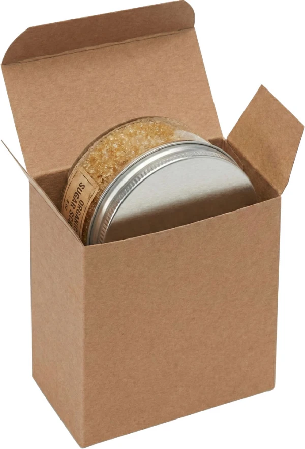 4 x 1 5/8 x 4 Kraft Reverse Tuck Folding Carton with Sugar Body Scrub in Jar Sugar Body Scrub in a Jar in a 4 x 1 5/8 x 4 Kraft Reverse Tuck Folding Cartons