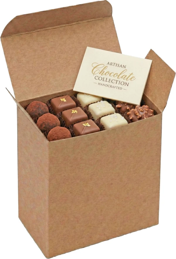 4 x 1 5/8 x 4 Kraft Reverse Tuck Folding Carton with Artisian Chocolates 4 x 1 5/8 x 4 Kraft Reverse Tuck Folding Carton with Artisian Chocolates