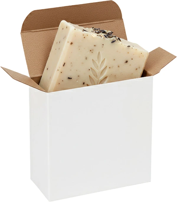 4 x 1 5/8 x 4 White Reverse Tuck Folding Carton with a Luxury Bar Soap Luxury Bar Soap in a White Reverse Tuck Folding Carton - 4 x 1 5/8 x 4