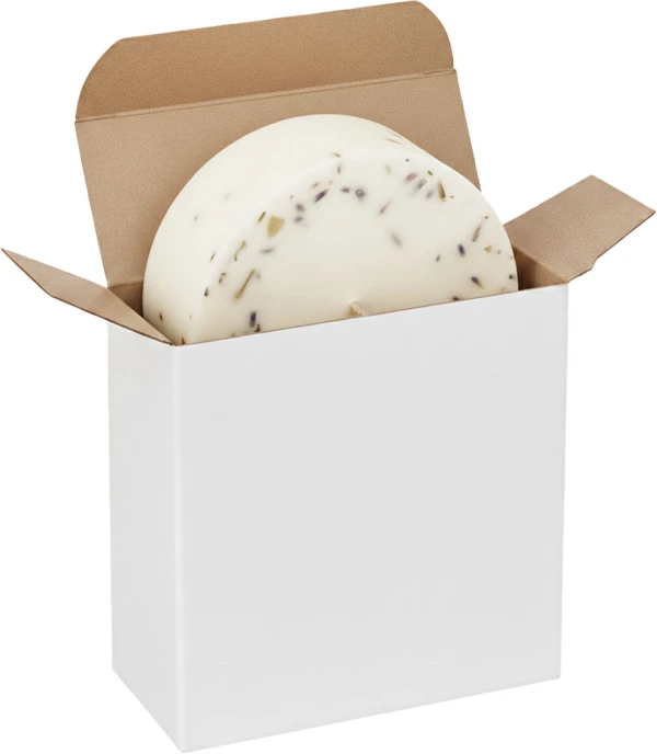 4 x 1 5/8 x 4 White Reverse Tuck Folding Carton with Artisian Puck Candle Artisian Puck Candle in a White Reverse Tuck Folding Carton - 4 x 1 5/8 x 4