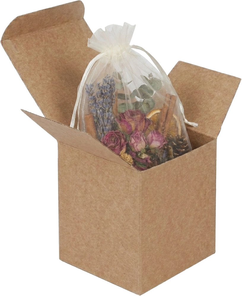 Organza Bag with Potpourri in a 4 x 4 x 4 Kraft Reverse Tuck Folding Cartons