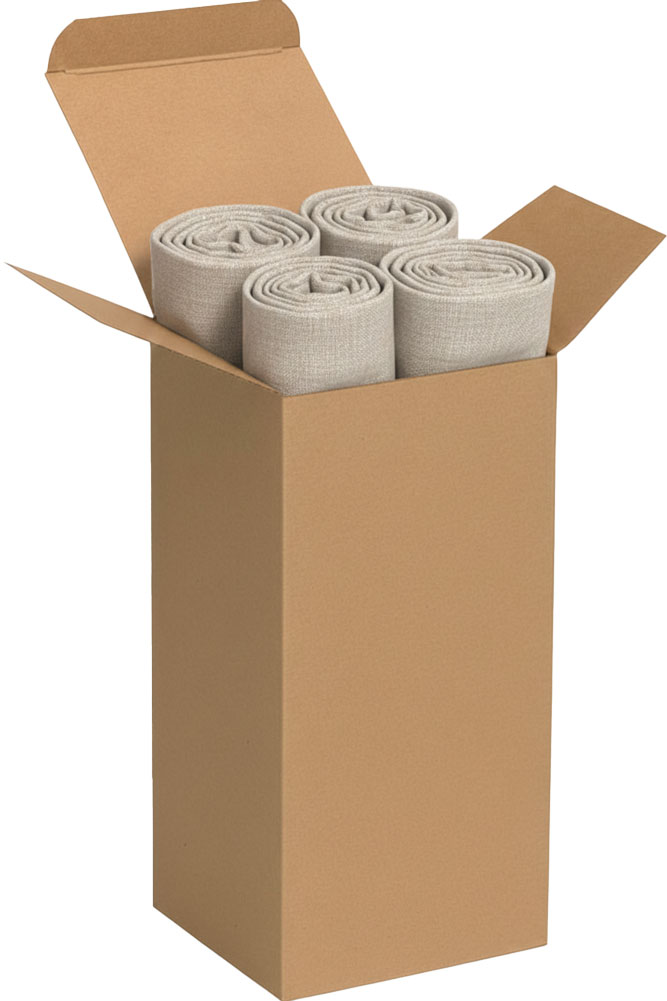 Rolls of Linenen Fabric in a 4 x 4 x 8 Kraft Reverse Tuck Folding Carton