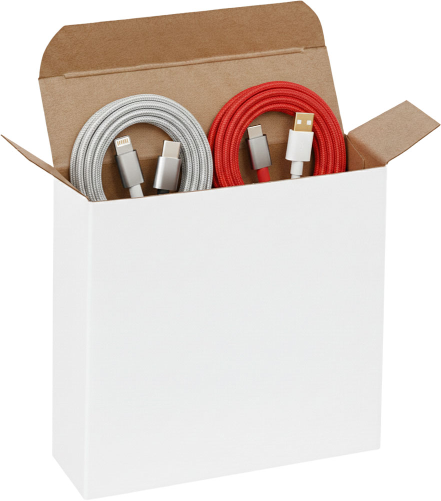 Premium Cables in a White Reverse Tuck Folding Carton - 4 1/4 x 1 1/4 x 4 1/4