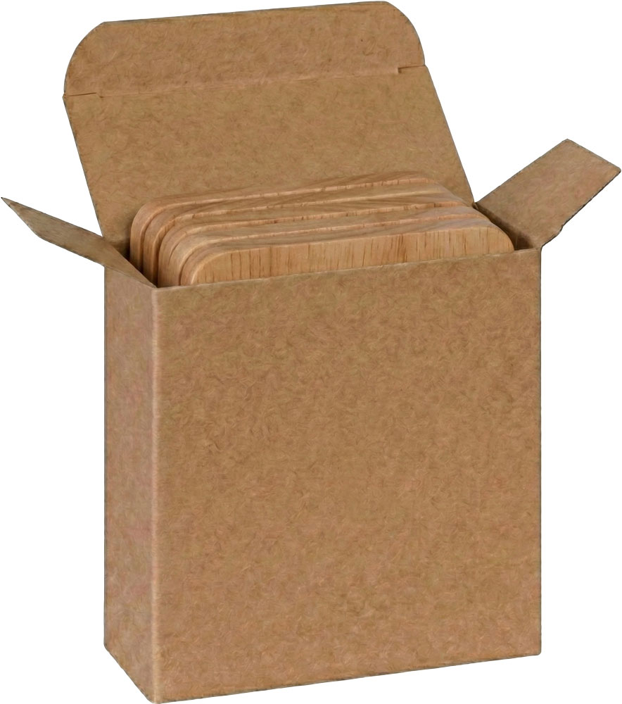 Wooden Drink Coasters in a 4 1/2 x 1 7/8 x 4 1/2 Kraft Reverse Tuck Folding Cartons