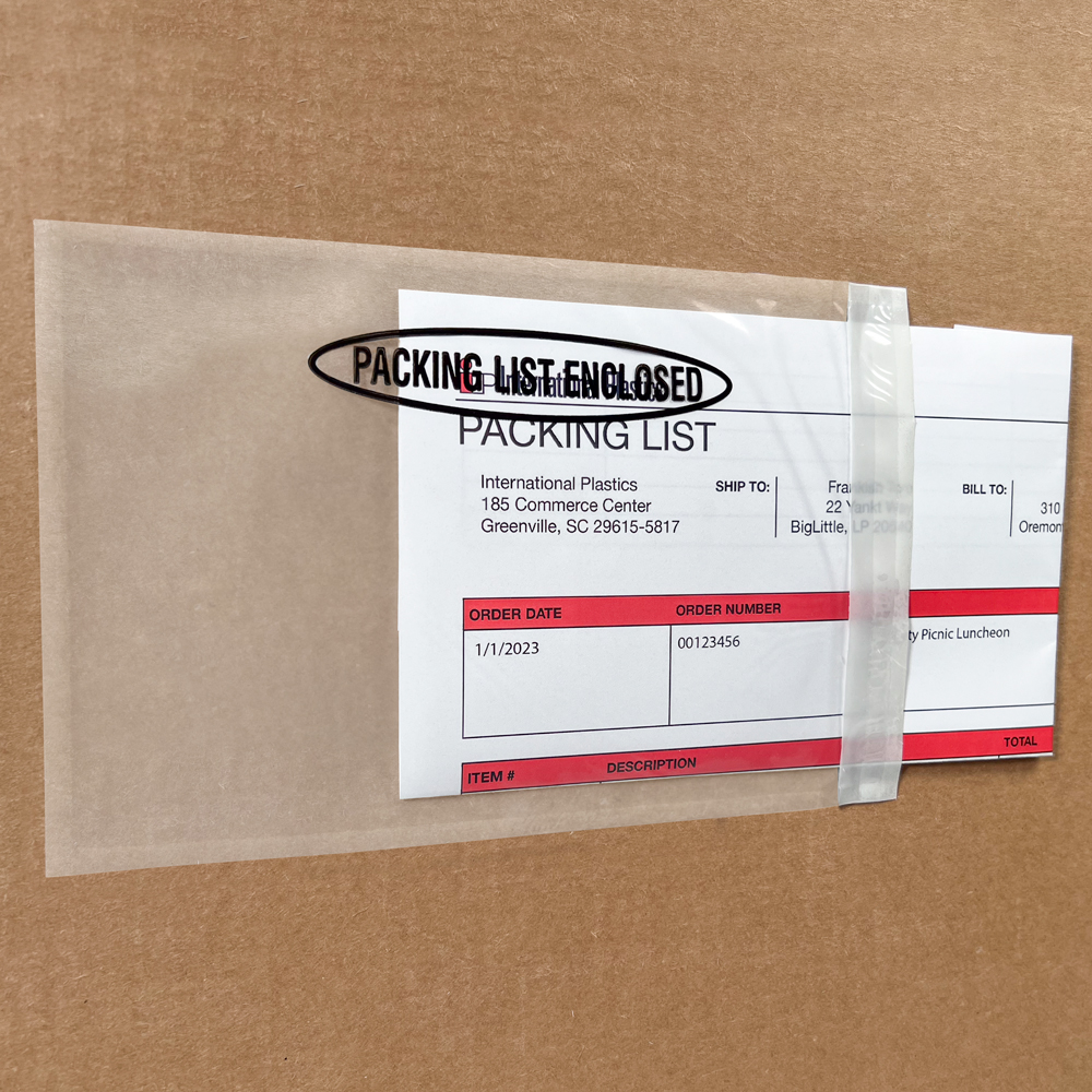 Close up of 5 1/4 x 8 Panel Packing List Enclosed Clear Side Loading on Box