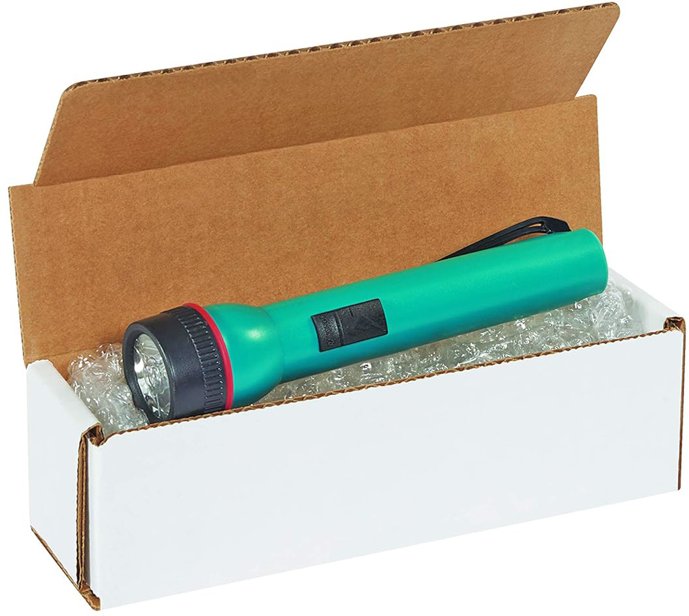 6 x 2.5 x 2.375 White Cardboard Box Mailers with Bubble Wrap and Flashlight