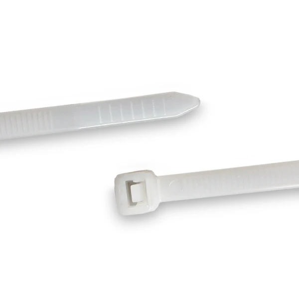 8 Inch Zip Tie Tapered Tip and Lock Close up of 8 inch Nylon Clear Zip Tie - 50 pound tensile strength Tapered Tip and Lock
