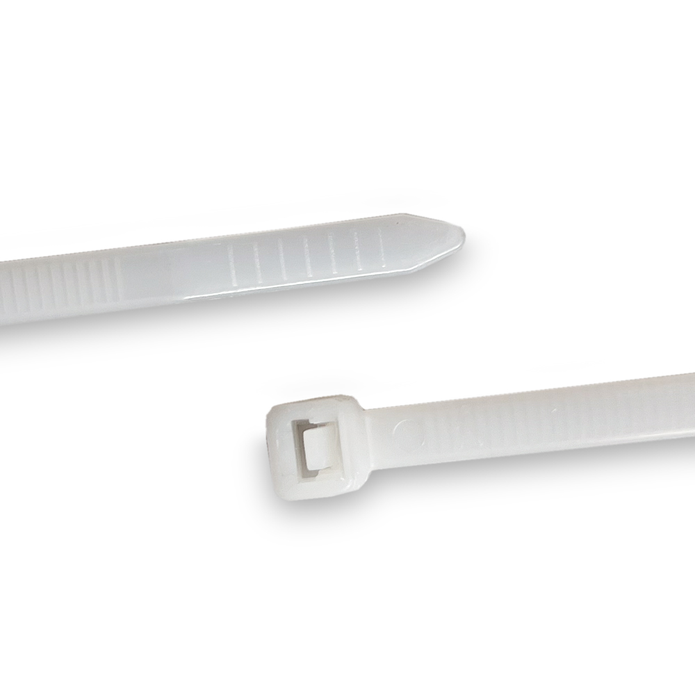 Close up of 8 inch Nylon Clear Zip Tie - 50 pound tensile strength Tapered Tip and Lock