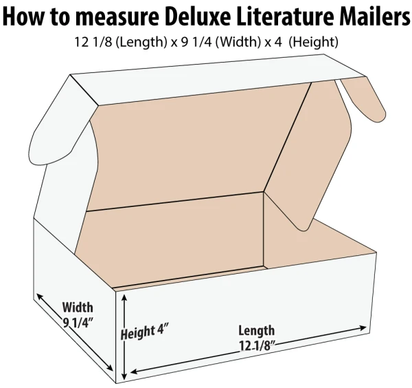 How to measure 12 1/8 x 9 1/4 x 4 Deluxe Literature Mailers How to measure a 12.125 x 9.25 x 4 White Cardboard Literature Mailer