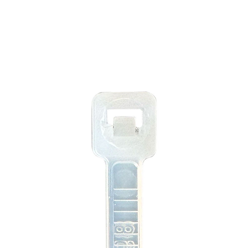 Head of 4 inch Nylon Clear Zip Ties - 18 pound tensile strength
