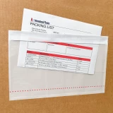 Close up of 10.75 x 6.75 Clear Top Loading Packing List Envelope with Perforated bottom on Box