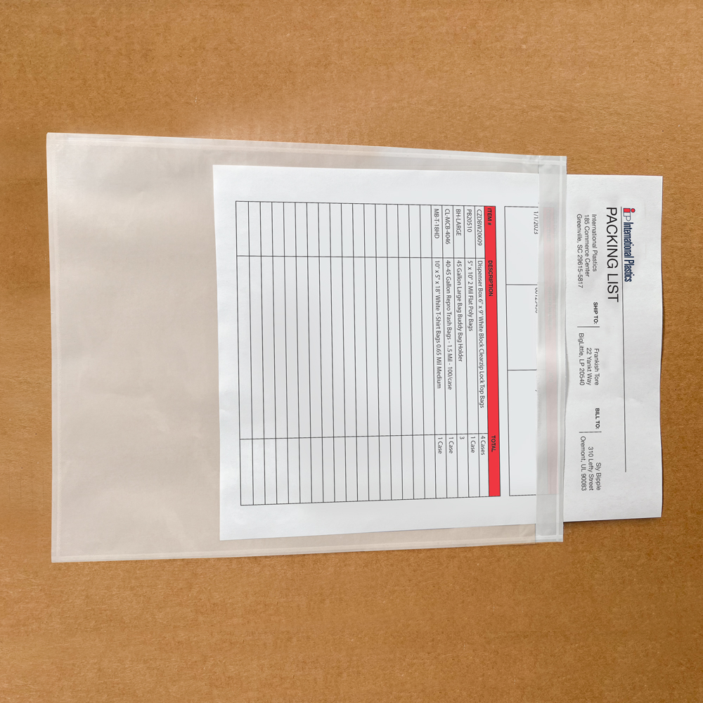 Close up of 9.5 x 12 Clear Packing List Envelope on Box