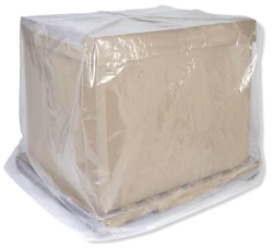 Oversize clear pallet covering bulk bin on pallet