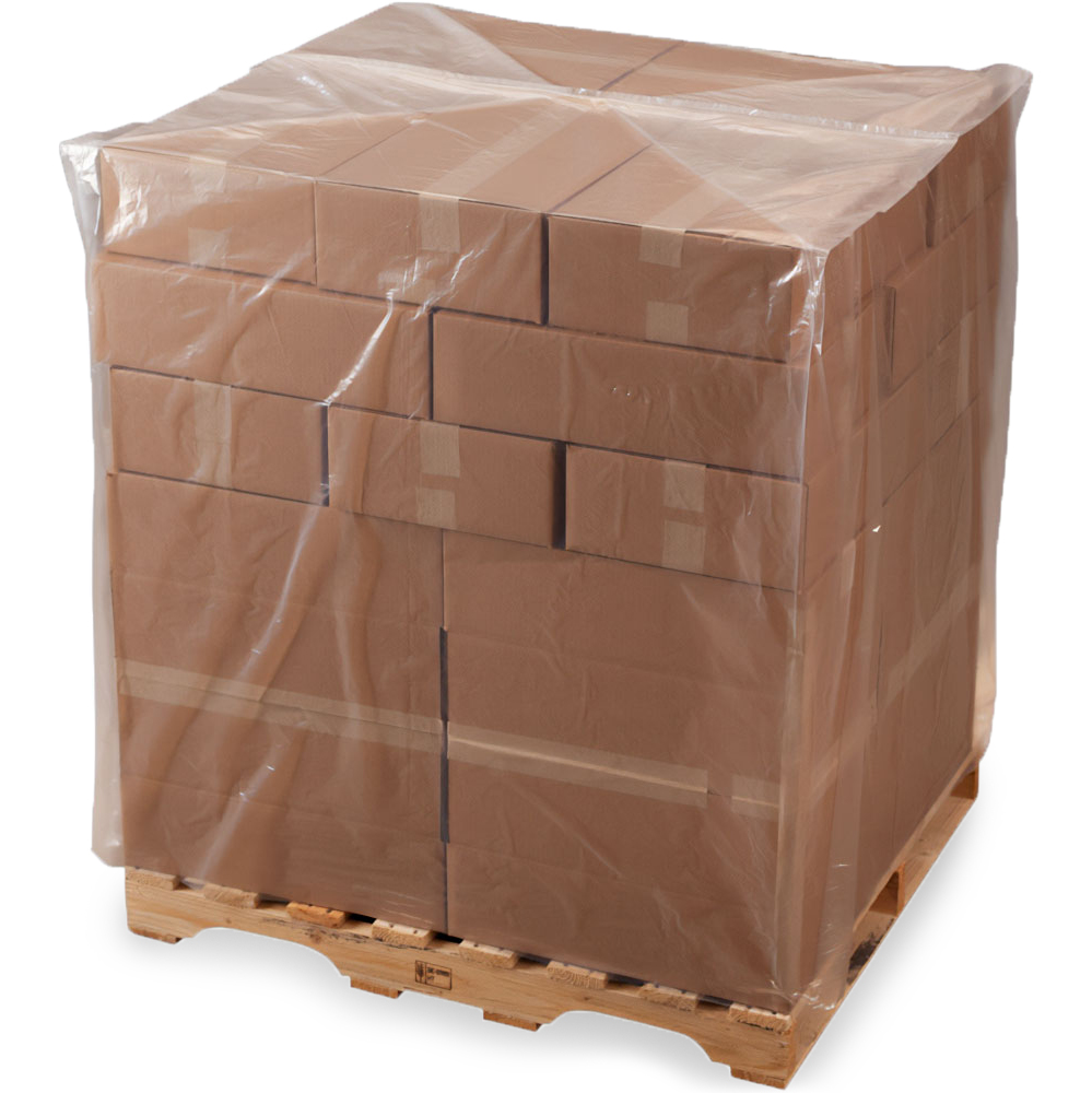 36 x 32 x 48 4 Mil Clear Pallet Covers on Pallet of Boxes