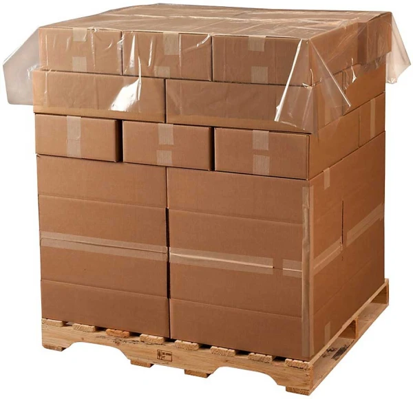 60 x 60 1.5 mil pallet cap sheet Clear 60 x 60 1.5 mil pallet cap sheet protecting cardboard cases on wooden pallet