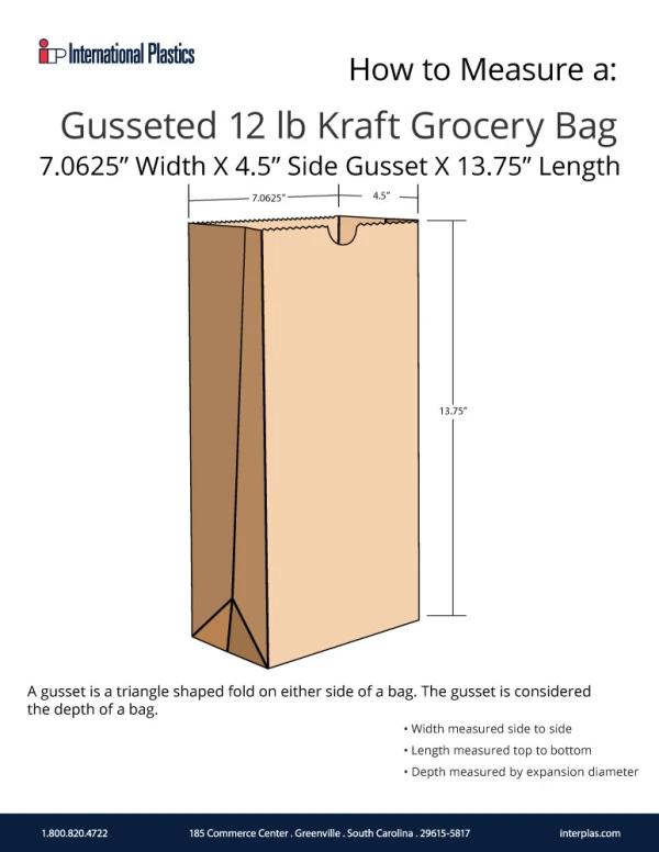 How to measure a gusseted 12 lb. Kraft Grocery Bags How to measure a 7.0625x4.5 x 13.75 #12 Kraft Paper Grocery Bags - 100% FSC Recycled Paper