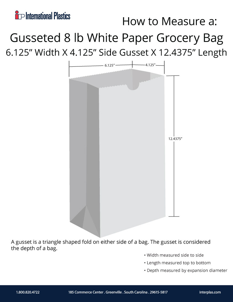 How to measure a 6.125x4.125 x 12.4375 #8 White Paper Grocery Bags - White Virgin Paper