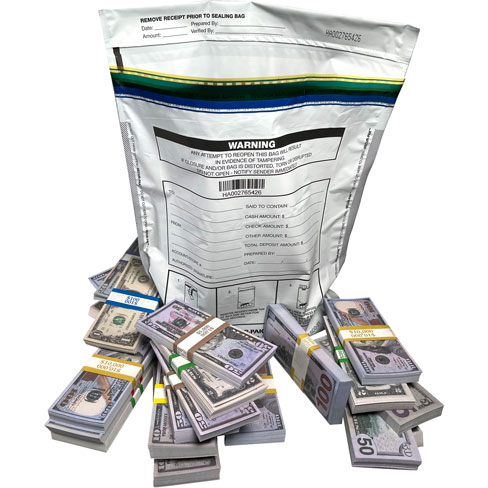  Plastic Security Bags 12 x 16 Secur-Pak Surrounded by Stacks of Cash