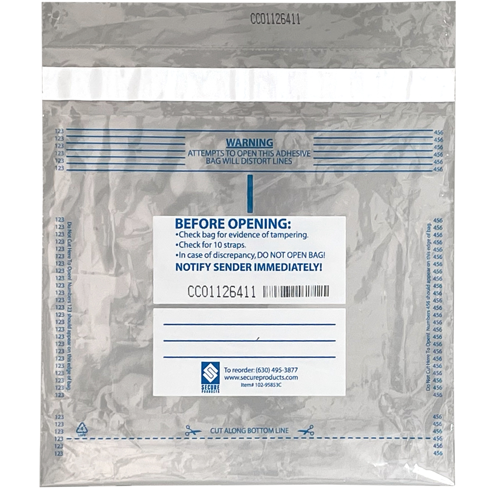 Front of Plastic Currency 10 Strap Cash Bag With Printed Block for Content Information