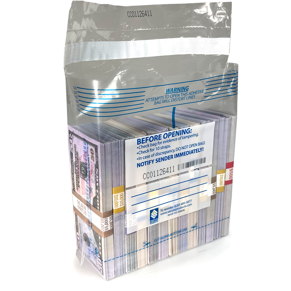 Plastic Currency 10 Strap Cash Bag with stacks of money