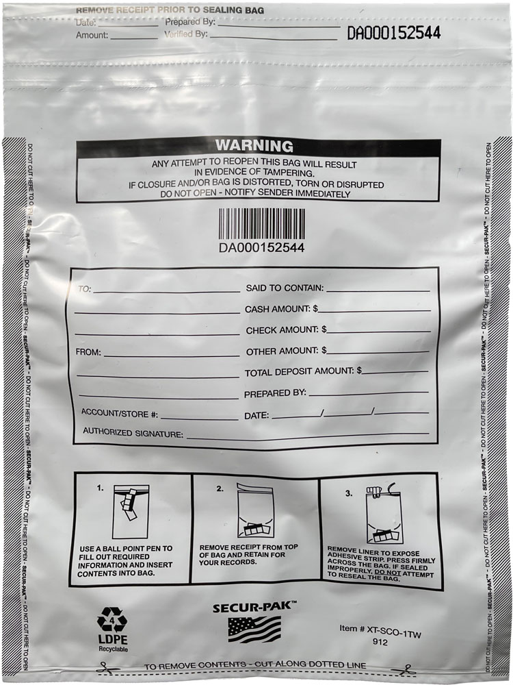  Plastic Deposit Bags with Pouch 9 x 12 Secur-Pak Front