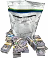  Plastic Security Bags 12 x 16 Secur-Pak Surrounded by Stacks of Cash
