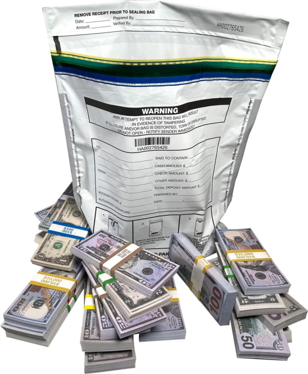 Plastic Security Bags 12 x 16 Secur-Pak Plastic Security Bags 12 x 16 Secur-Pak Surrounded by Stacks of Cash