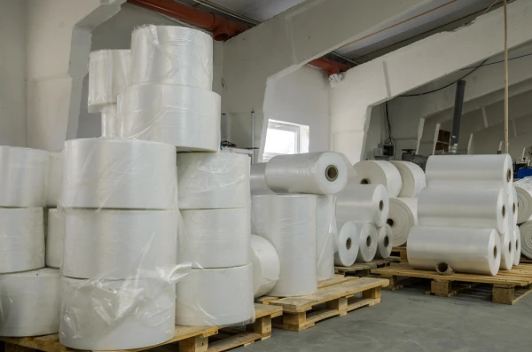 Clear Plastic Sheeting in stacked Rolls in Warehouse Ready for Delivery Clear Plastic Sheeting in stacked Rolls in Warehouse Ready for Delivery