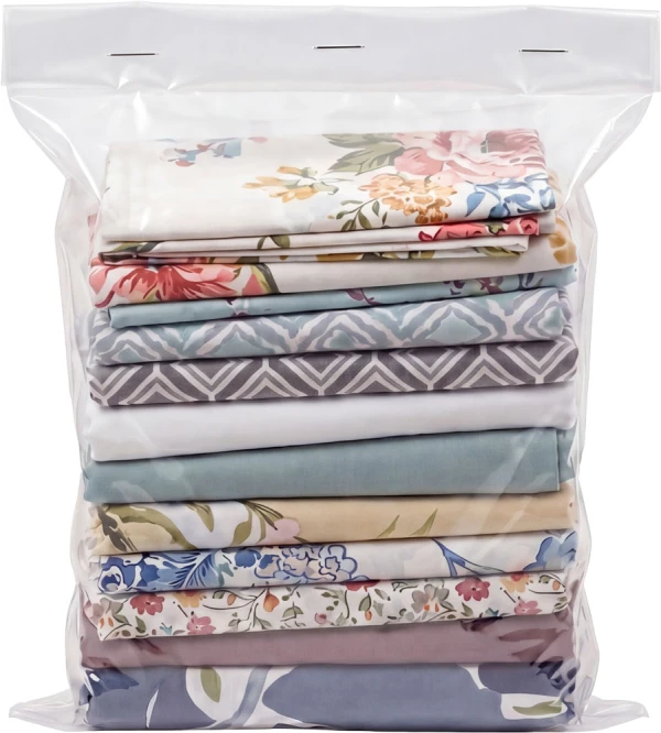 10 x 16 2 Mil Flat Poly Bags with Pillow Cases Pillow Cases Neatly Stacked INside of 2 Mil 10 x 16 Poly Bags