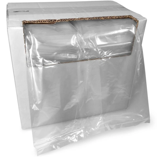 10 x 8 x 24 1 mil Food Utility Bags Dispensed Bag Dispenser Box of 10 x 8 x 24 1 mil Food Utility Bags with Bag Pulled out of Box