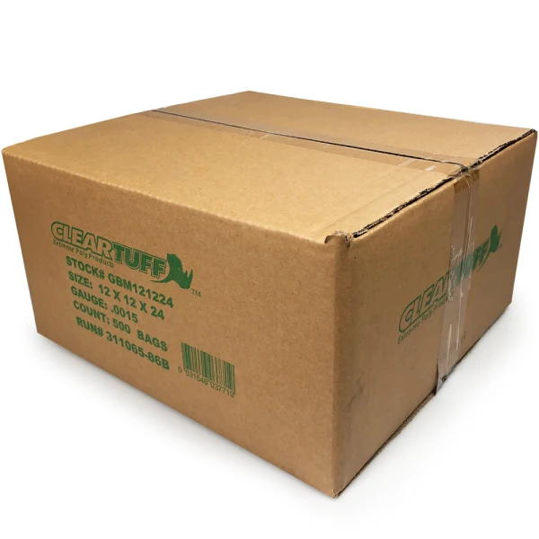 Case of 12 x 12 x 24 1.5 Mil Gusseted Poly Bags View of 12 x 12 x 24 1.5 Mil Gusseted Poly Bags Cardboard Box Case