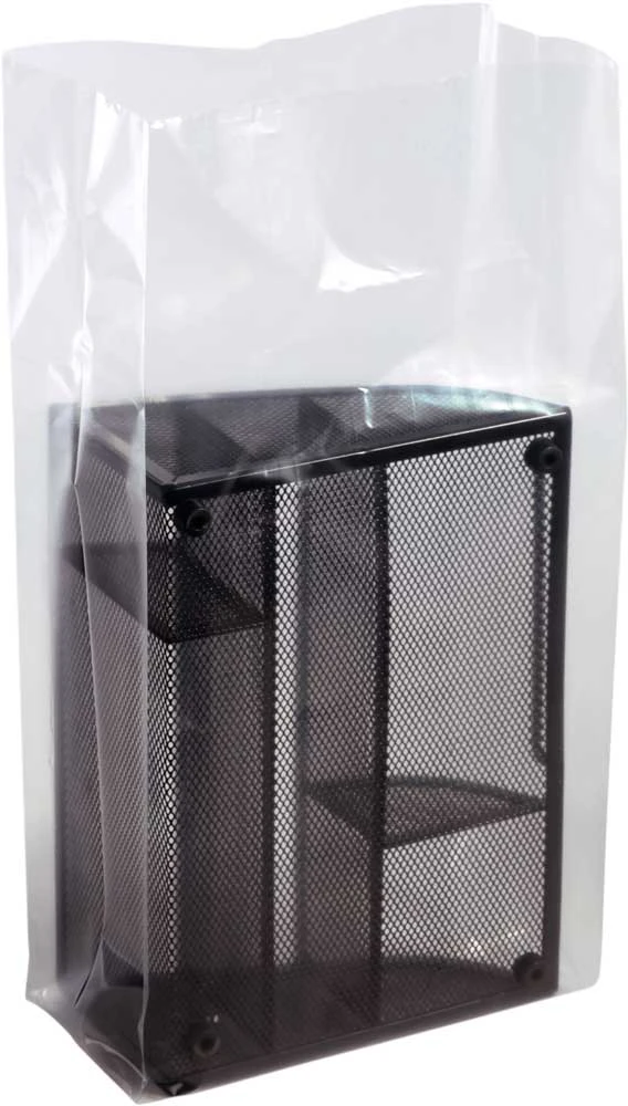 12x8x24 2 Mil Gusseted Poly Bags holding Black Metal Organizer