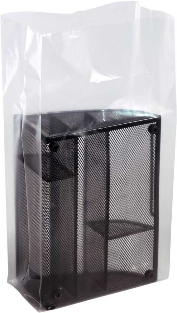 12x8x24 2 Mil Gusseted Poly Bags 12x8x24 2 Mil Gusseted Poly Bags holding Black Metal Organizer