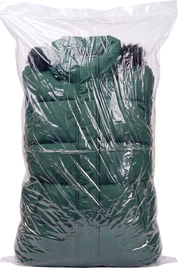 18 x 30 1 Mil Flat Poly Bags with Winter Jacket Winter Jacket inside of a 1 Mil 18 x 30 Poly Bags