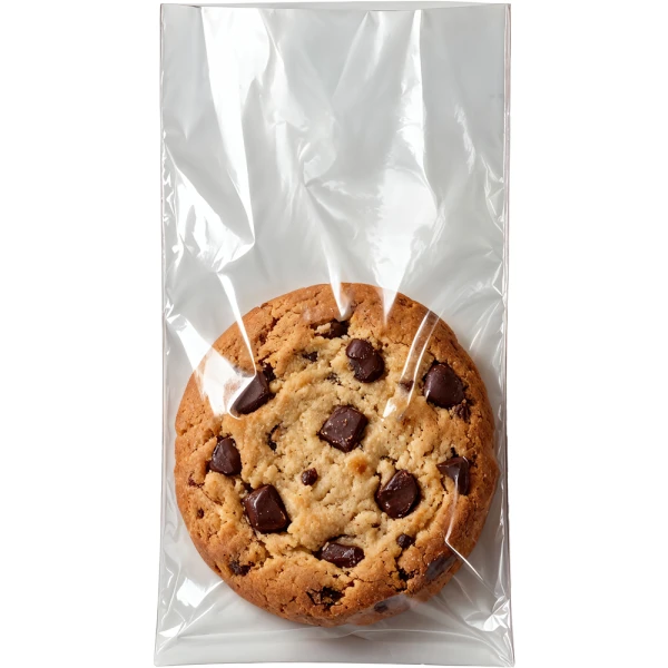 3 x 5 2 Mil Flat Poly Bags with Baked Cookie Baked Chocolate Chip Cookie Inside of 2 Mil 3 x 5 Poly Bags