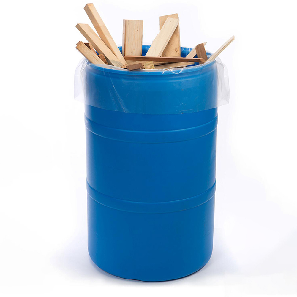 Clear 38 x 48 6 mil Poly Bags in Blue Plastic Contractor Bin